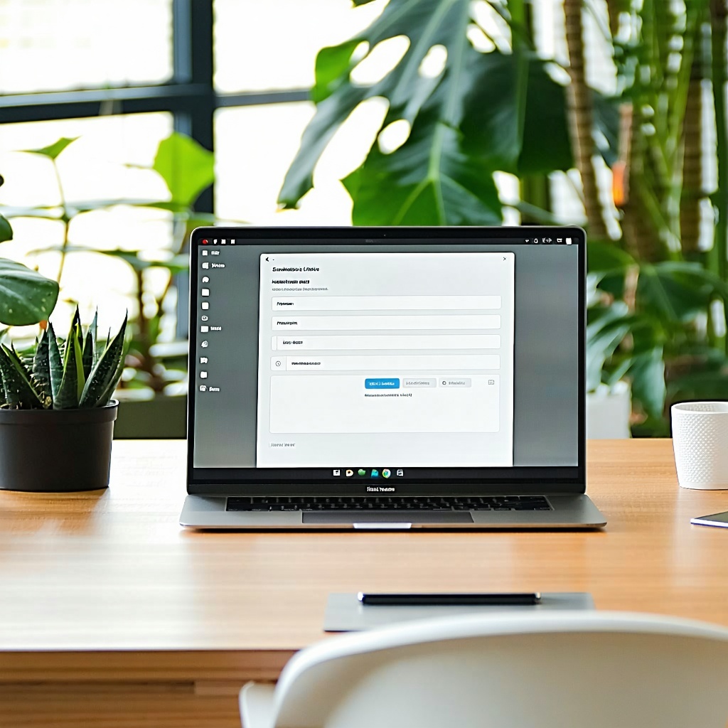 laptop sitting on a desk with form on the screen in a naturally lit office with plants in the background